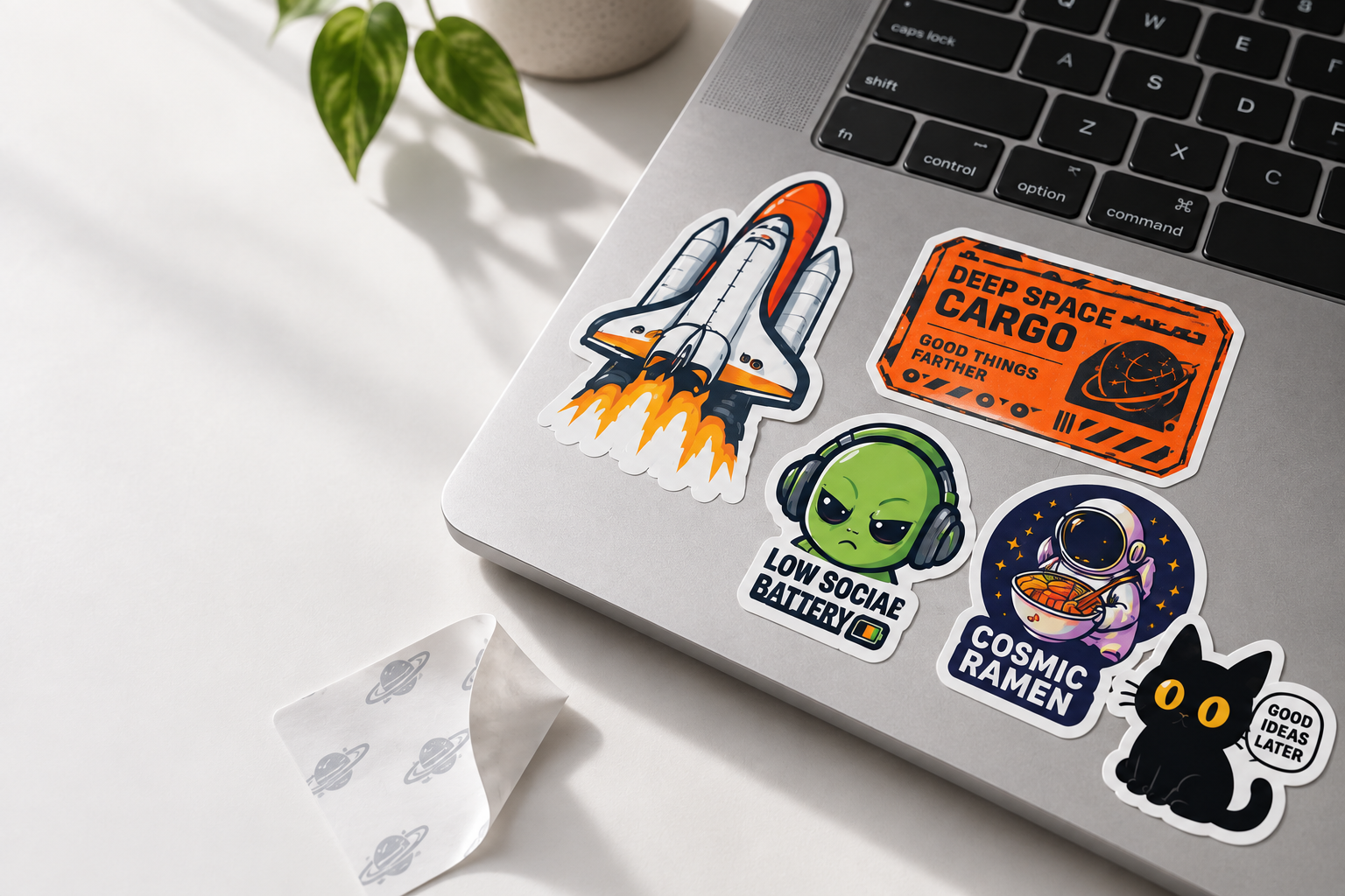 Colorful space and character stickers on a silver laptop